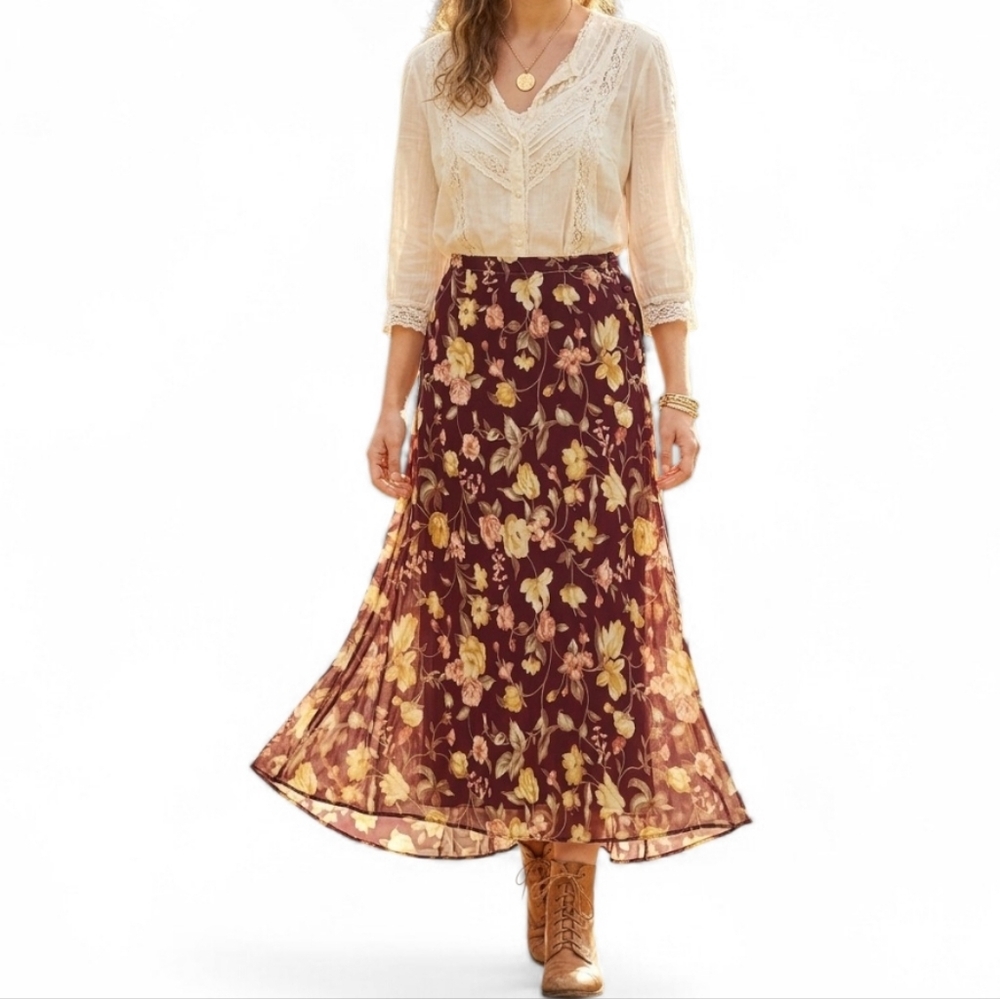 Vintage Maroon Floral Rose Maxi Skirt Side Button Sheer Overlay Boho Grunge